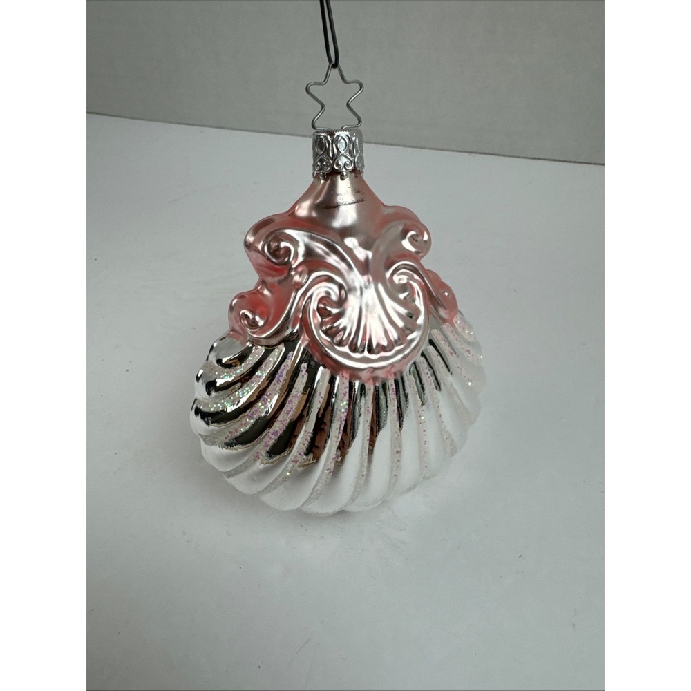 Vintage Pink Silver Glass Seashell Christmas Ornament Iridescent Glitter Coastal